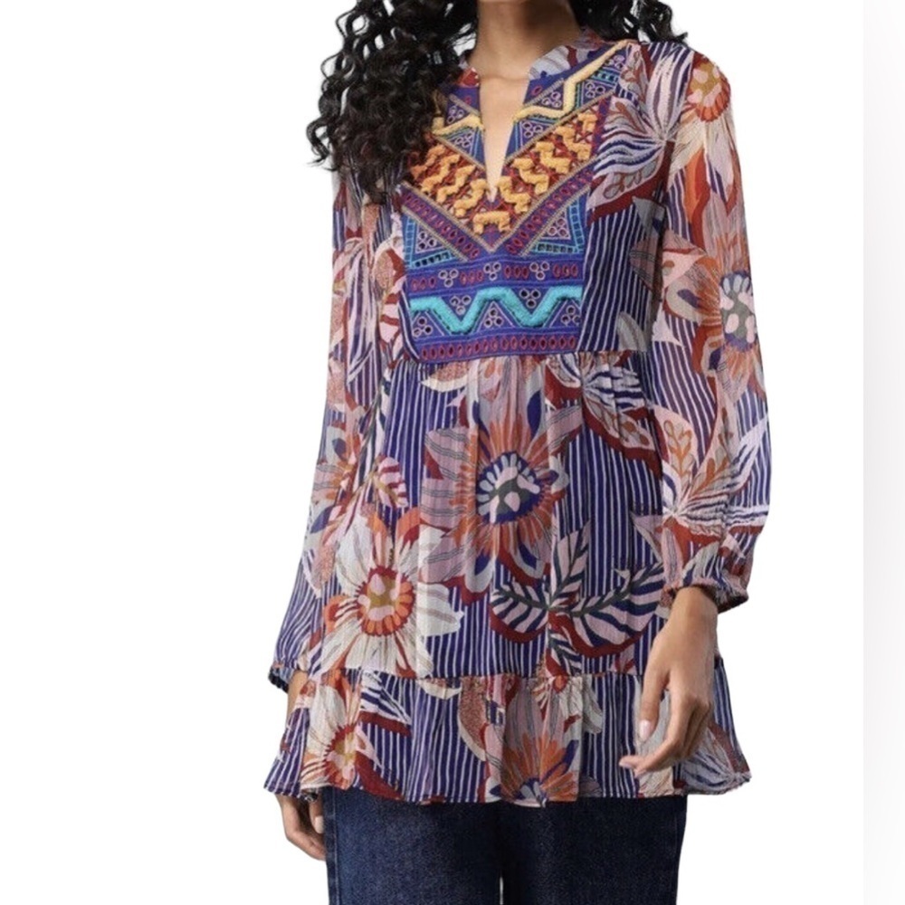 Soft Surroundings Tory Tunic Floral Embroidered Sheer Long Sleeve Size M